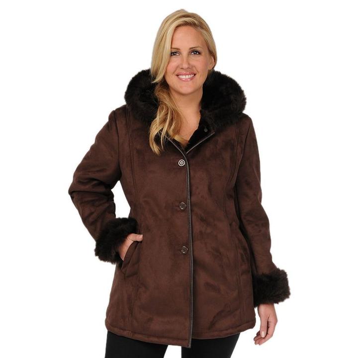 Plus Size Excelled Hooded Faux-suede Coat, Women's, Size: 1xl, Brown
