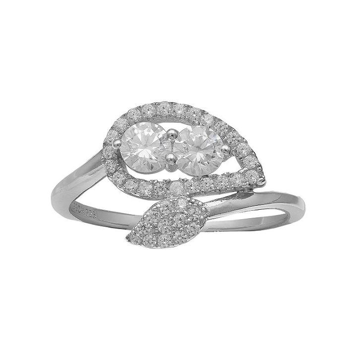 Intertwined Sterling Silver Cubic Zirconia Two Stone Double Leaf Ring, Women's, Size: 6, White