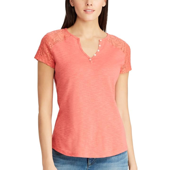 Women's Chaps Lace Sleeve Henley Tee, Size: Small, Orange