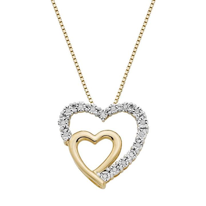 18k Gold Over Silver 1/10 Carat T.w. Diamond Double Heart Pendant, Women's, White