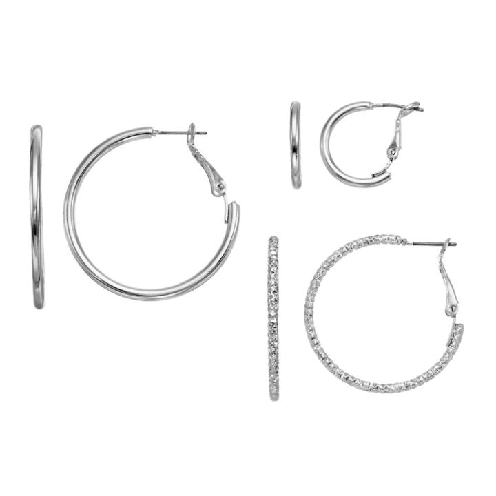 Textured & Polished Nickel Free Hoop Earring Set, Women's, Silver