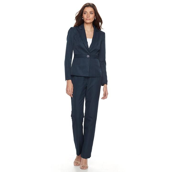 Women's Le Suit Tonal Plaid Suit Jacket & Straight-leg Pants Set, Size: 12, Blue (navy)
