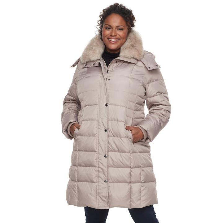 Plus Size Tower By London Fog Long Faux-fur Trim Down Puffer Jacket, Women's, Size: 2xl, Light Pink