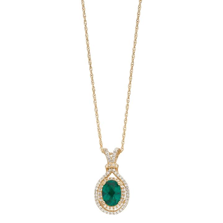 14k Gold Over Silver Lab-created Emerald & Lab-created White Sapphire Oval Halo Pendant, Women's, Size: 18, Green