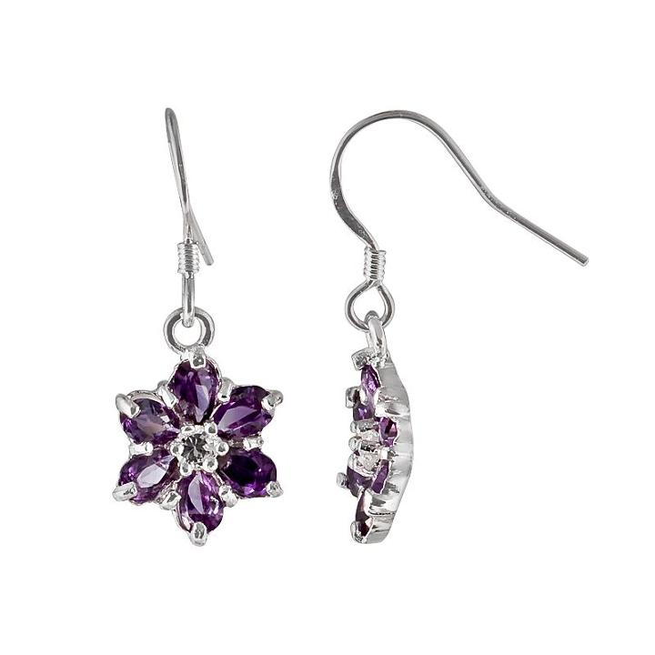 Sterling Silver Cubic Zirconia Floral Drop Earrings, Women's, Purple