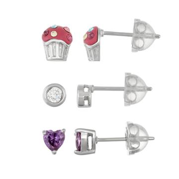 Lulabelle Kids' Cubic Zirconia Heart & Crystal Cupcake Stud Earring Set, Women's, Purple