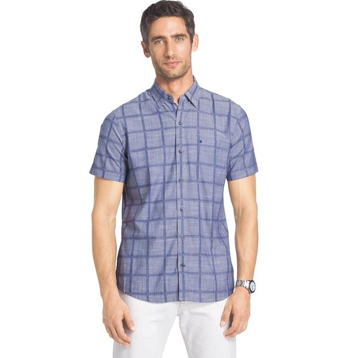Men's Izod Classic-fit Windowpane Chambray Woven Button-down Shirt, Size: Large, Dark Blue