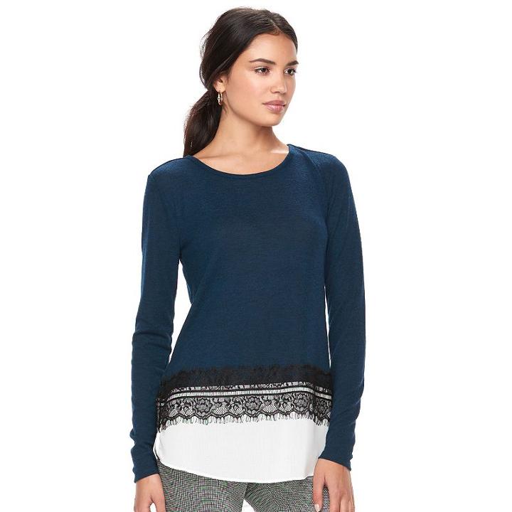 Women's Elle&trade; Lace Trim Mock-layer Top, Size: Xs, Turquoise/blue (turq/aqua)