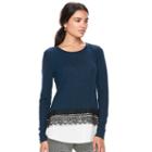 Women's Elle&trade; Lace Trim Mock-layer Top, Size: Xs, Turquoise/blue (turq/aqua)