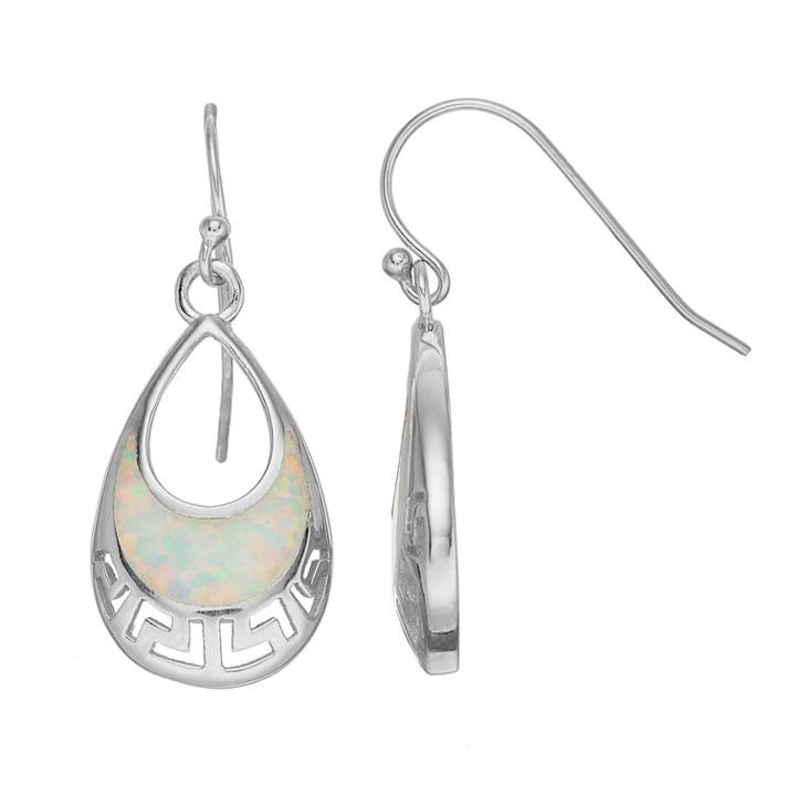 Sterling Silver Simulated White Opal Greek Key Teardrop Earrings, Women's