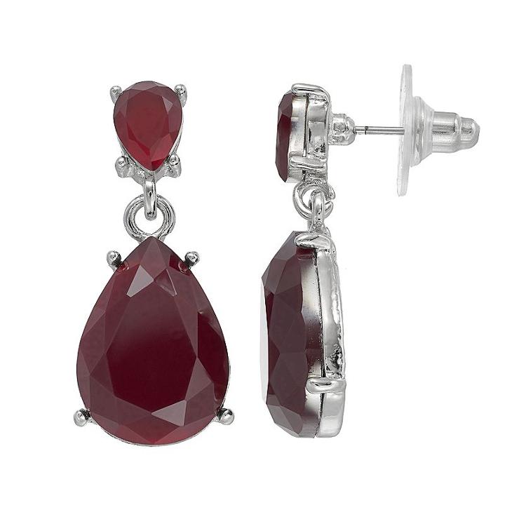 Maroon Double Stone Nickel Free Teardrop Earrings, Women's, Dark Red