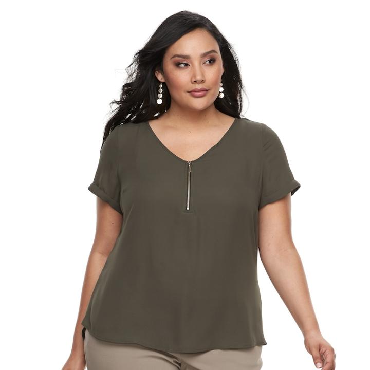 Plus Size Apt. 9&reg; Zipper-front Georgette Top, Women's, Size: 2xl, Dark Green