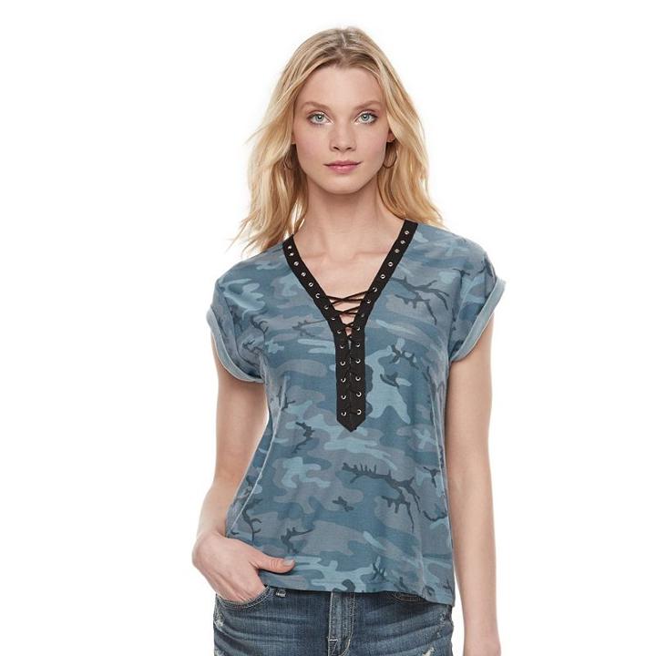 Women's Rock & Republic&reg; Lace-up Camo Tee, Size: Xs, Blue