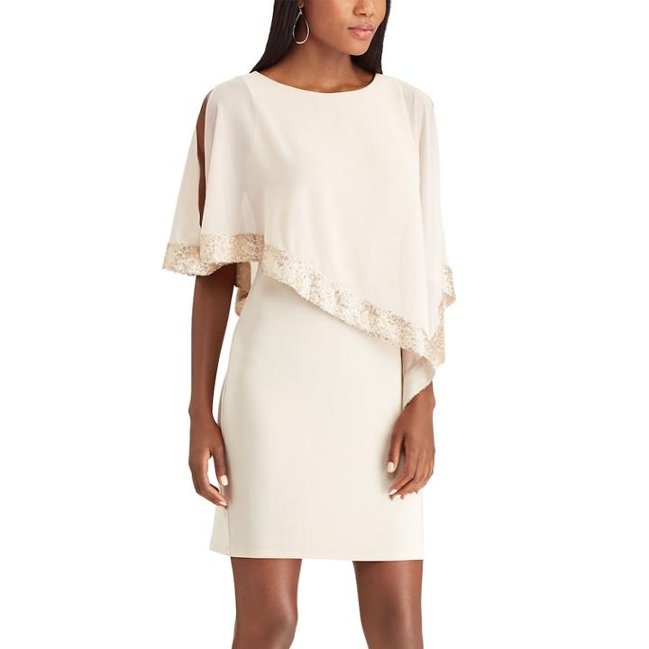 Women's Chaps Sequin Cold-shoulder Chiffon-overlay Evening Dress, Size: 6, Natural
