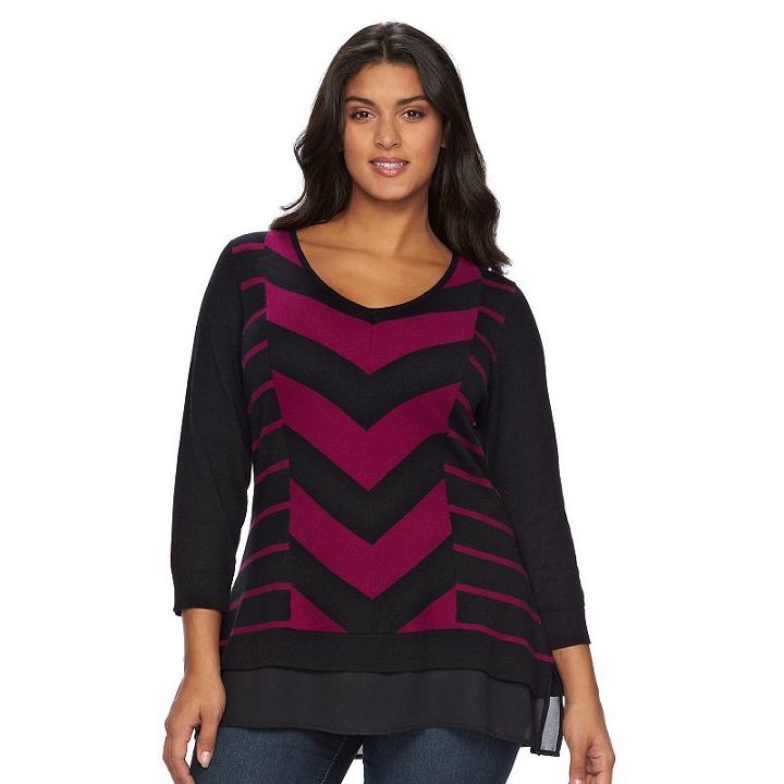 Plus Size Dana Buchman Mitered Stripe Mock-layer Sweater, Women's, Size: 2xl, Dark Pink