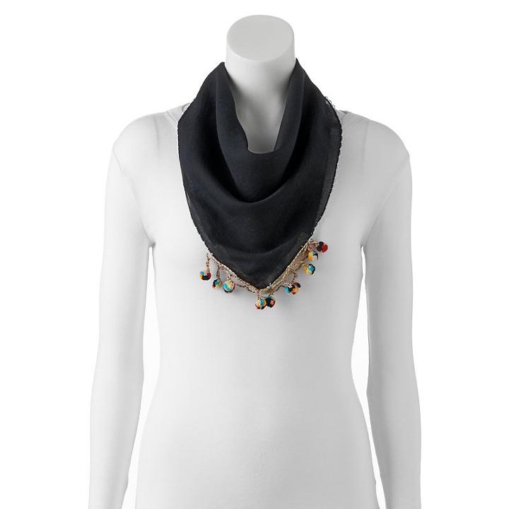 Madden Nyc Festival Flair Embroidered Trim Pom-pom Neckerchief, Women's, Grey (charcoal)