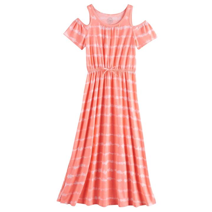 Girls 7-16 & Plus Size Cold-shoulder Printed Maxi Dress, Size: M/10, Brt Orange