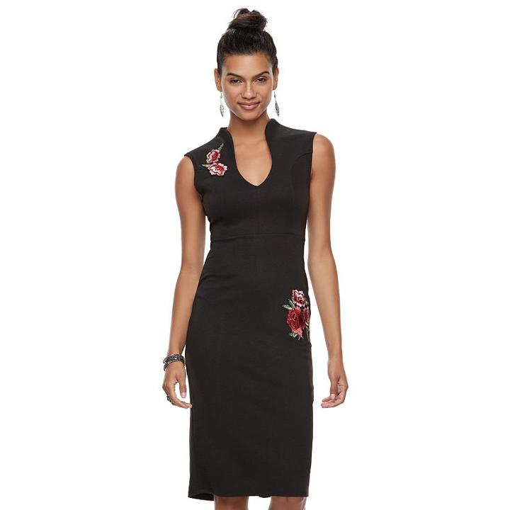 Juniors' Almost Famous Floral Applique Bodycon Dress, Teens, Size: Large, Black