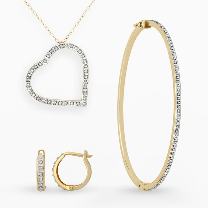 Diamond Fascination 14k Gold Diamond Accent Heart Pendant, Bangle Bracelet And Hoop Earring Set, Yellow