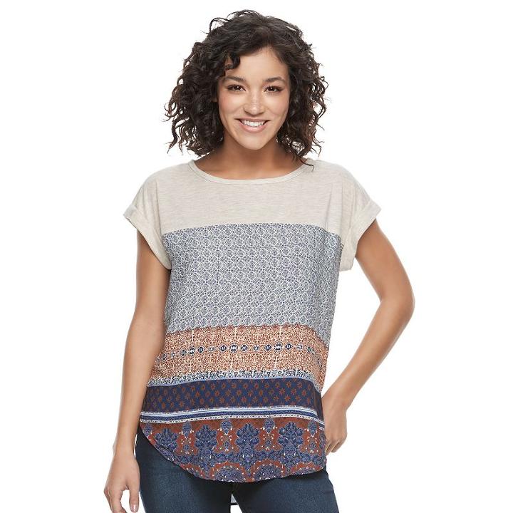 Juniors' Rewind Print Mixed Media Top, Teens, Size: Medium, Lt Beige