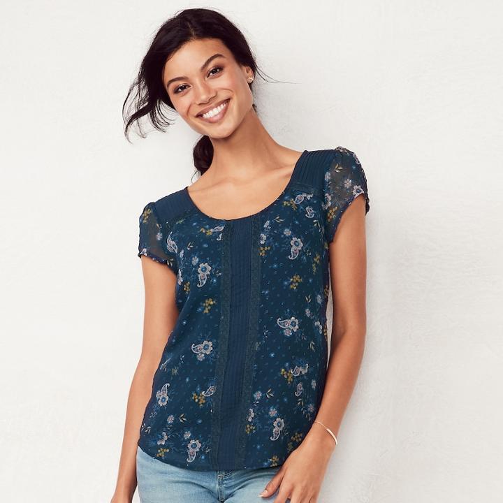 Women's Lc Lauren Conrad Love, Lauren Textured Dot Top, Size: Small, Dark Blue
