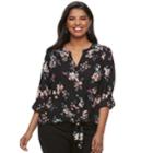 Juniors' Plus Size Candie's&reg; Floral Tie-front Crepe Shirt, Teens, Size: 2xl, Black