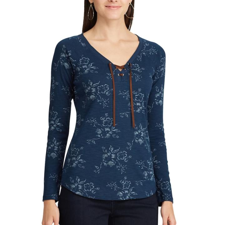 Petite Chaps Lace-up Top, Women's, Size: S Petite, Blue (navy)