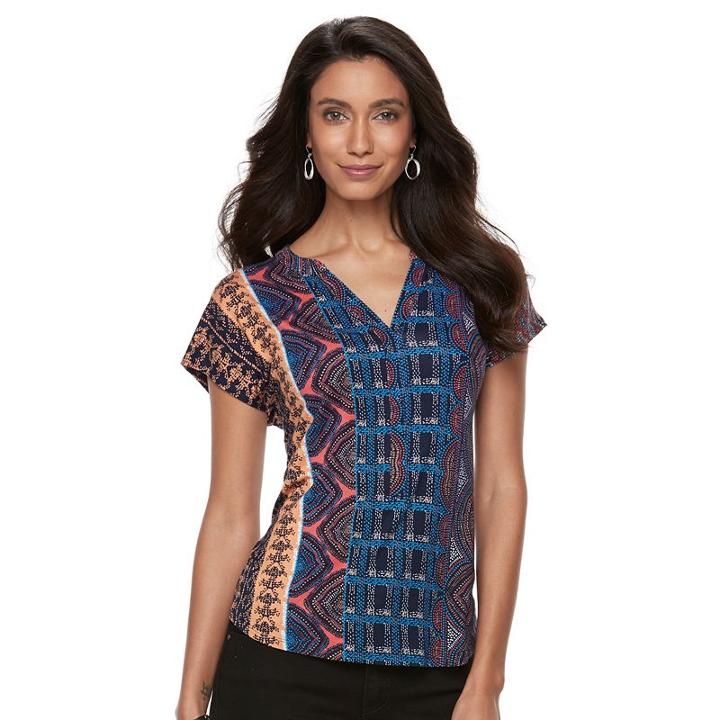 Petite Dana Buchman Printed Splitneck Top, Women's, Size: M Petite, Dark Blue