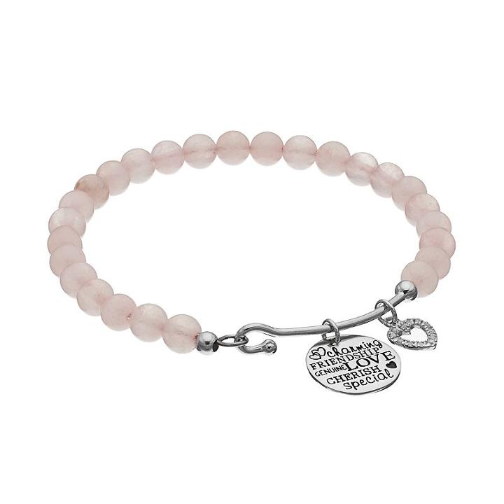 Charmed By Diamonds Rose Quartz Bead & 1/10 Carat T.w. Diamond Heart Charm Bracelet, Women's, Size: 7.5, Pink