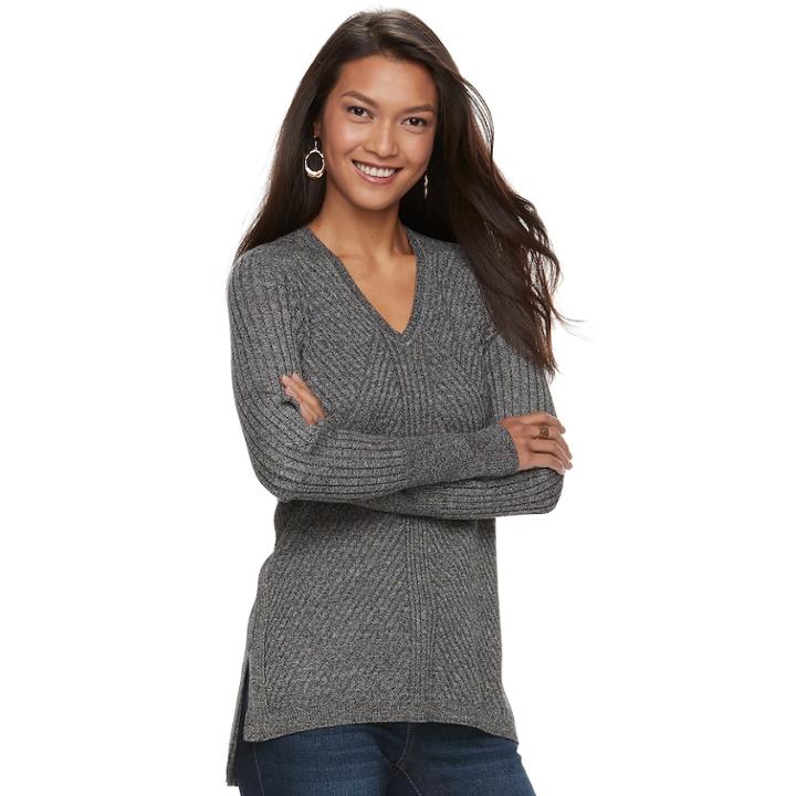 Women's Apt. 9&reg; Mixed Ribbed V-neck Sweater, Size: Large, Black