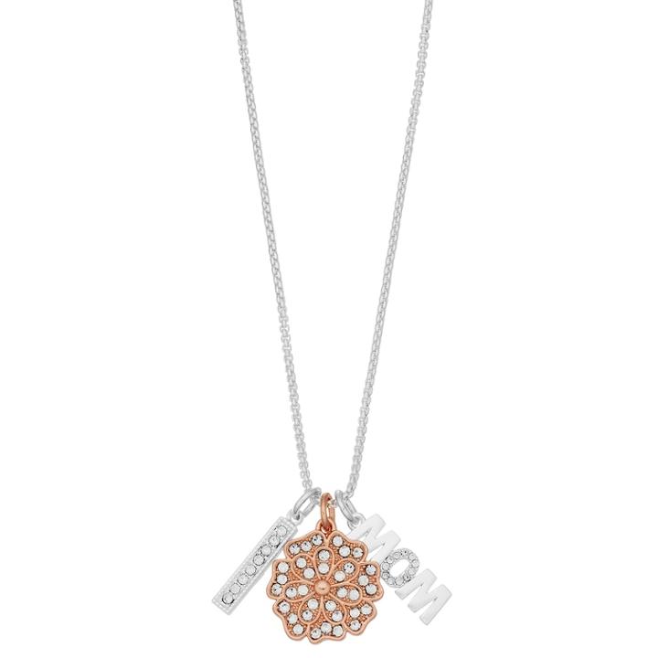Love This Life Two Tone Crystal Flower Mom Charm Necklace, Women's, Size: 18, Silver