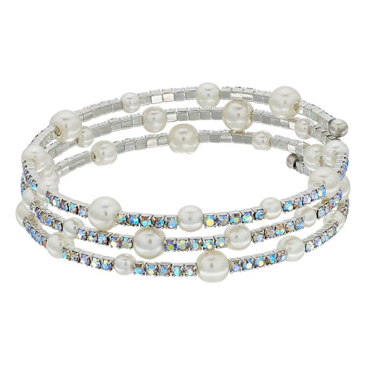 Simulated Crystal & Bead Coil Bracelet, Women's, Silver