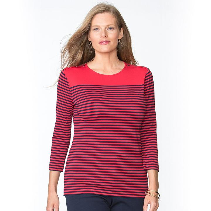 Plus Size Chaps Striped Button-shoulder Tee, Women's, Size: 3xl, Red