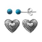 Simulated Turquoise Sterling Silver Heart & Ball Stud Earring Set, Women's, Turq/aqua