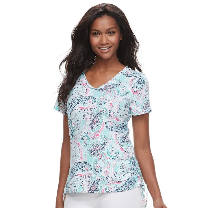 Women's Caribbean Joe Print Ruched Tee, Size: Large, Turquoise/blue (turq/aqua)