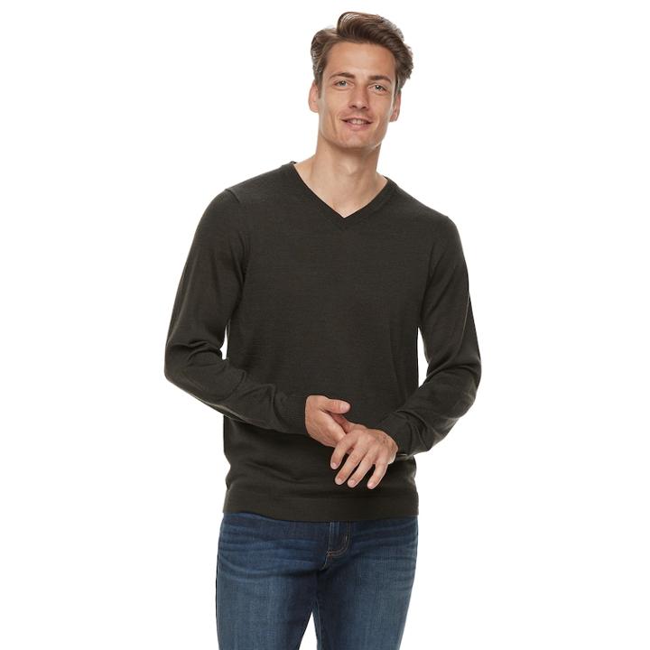 Men Apt. 9&reg; Wool-blend Merino V-neck Sweater, Size: Large, Dark Green