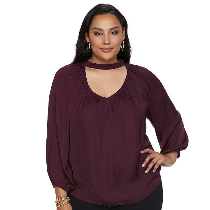 Plus Size Jennifer Lopez Choker Neck Peasant Top, Women's, Size: 1xl, Drk Purple