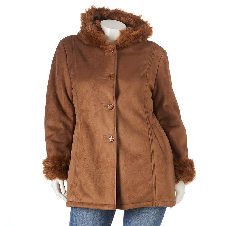 Plus Size Excelled Hooded Faux-suede Coat, Women's, Size: 1xl, Brown Oth