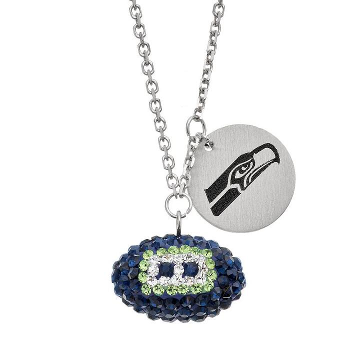 Seattle Seahawks Crystal Sterling Silver Team Logo & Football Charm Necklace, Women's, Size: 18, Multicolor