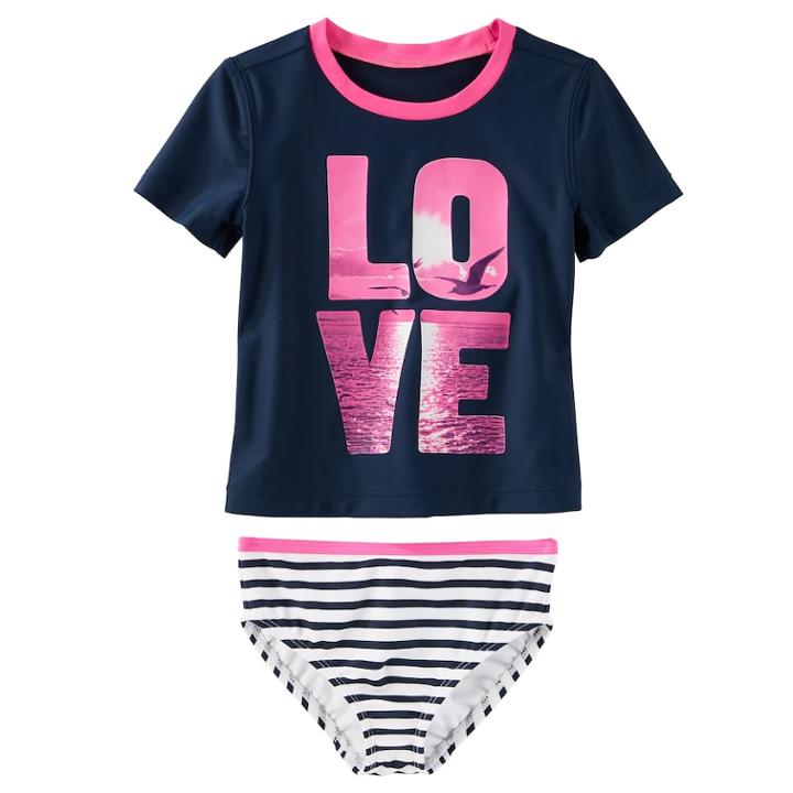 Girls 4-8 Oshkosh B'gosh&reg; Love Photoreal Seagull Rashguard & Striped Bottoms Swimsuit Set, Size: 6-6x, Med Blue
