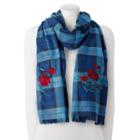 Chaps Embroidered Rose Plaid Wrap Scarf, Dark Blue