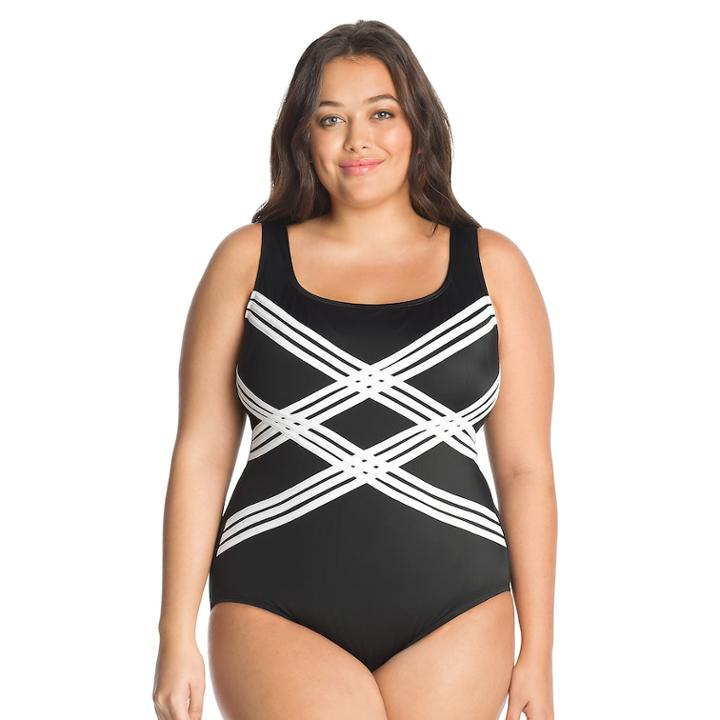 Plus Size Great Lengths D-cup Striped One-piece Swimsuit, Women's, Size: 24, Oxford