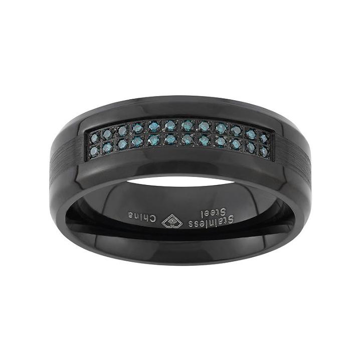 1/6 Carat T.w. Blue Diamond Black Ion-plated Stainless Steel Wedding Band - Men, Size: 10