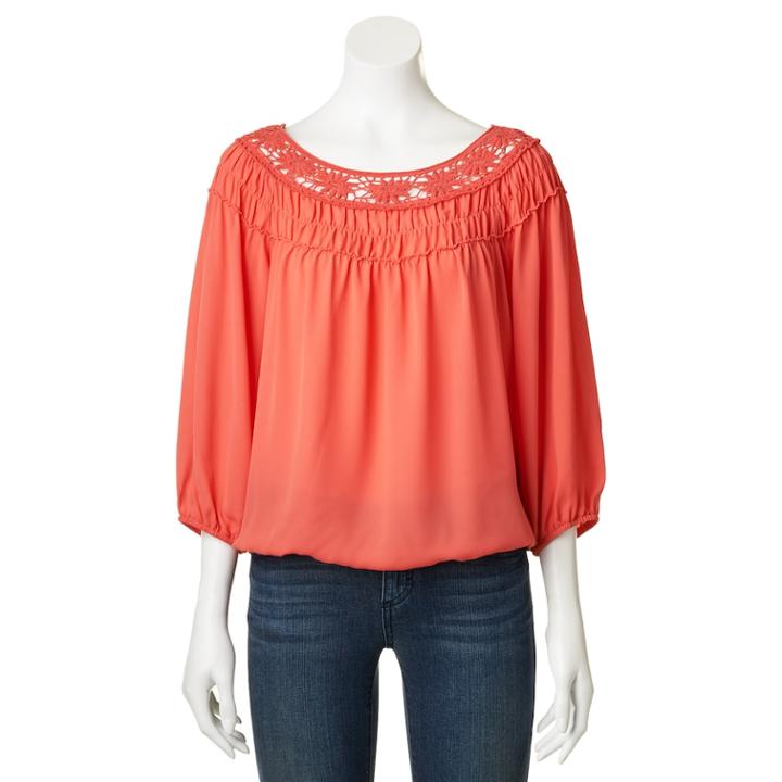 Heartsoul Crochet Neckline Peasant Top - Juniors, Teens, Size: Large, Light Pink