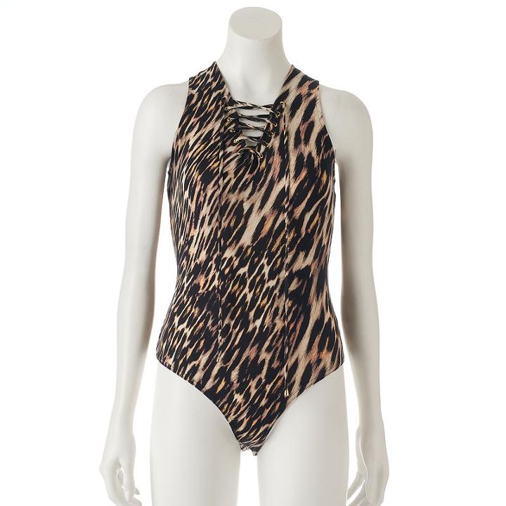Women's Jennifer Lopez Lace-up Bodysuit, Size: Large, Brown