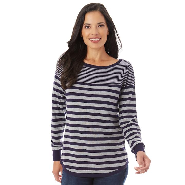 Women's Apt. 9&reg; Striped Button Back Sweater, Size: Large, Denim Heather Gray