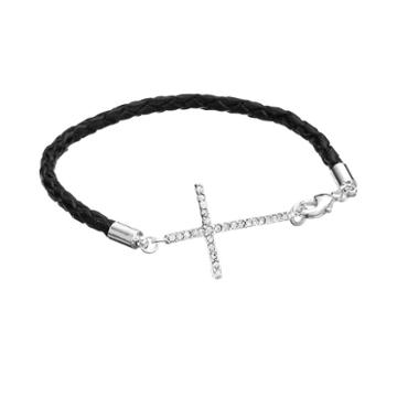 Silver Expressions By Larocks Crystal Silver-plated Sideways Cross Woven Leather Bracelet, Women's, White