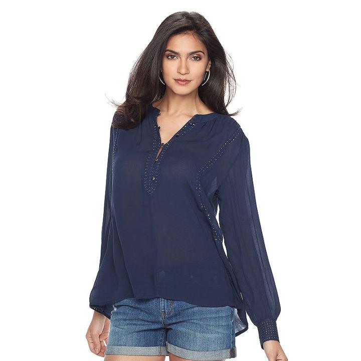 Women's Jennifer Lopez Embellished Henley Top, Size: Xl, Black