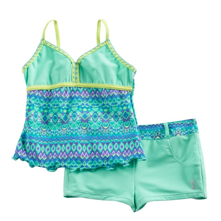 Girls 7-16 Free Country Tankini Apron Top & Shorts Swimsuit Set, Size: 8, Lt Green