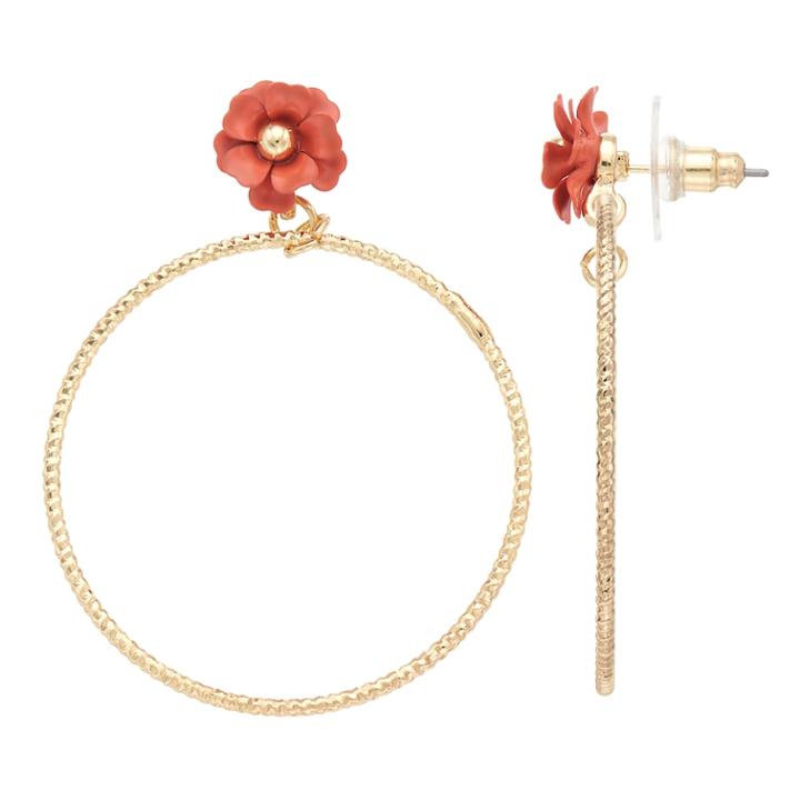 Lc Lauren Conrad Pink Flower Nickel Free Textured Hoop Earrings, Women's